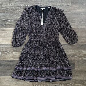 Max Studio London Black Floral Tiered Ruffle Mini Dress V-Neck Long Sleeve M
